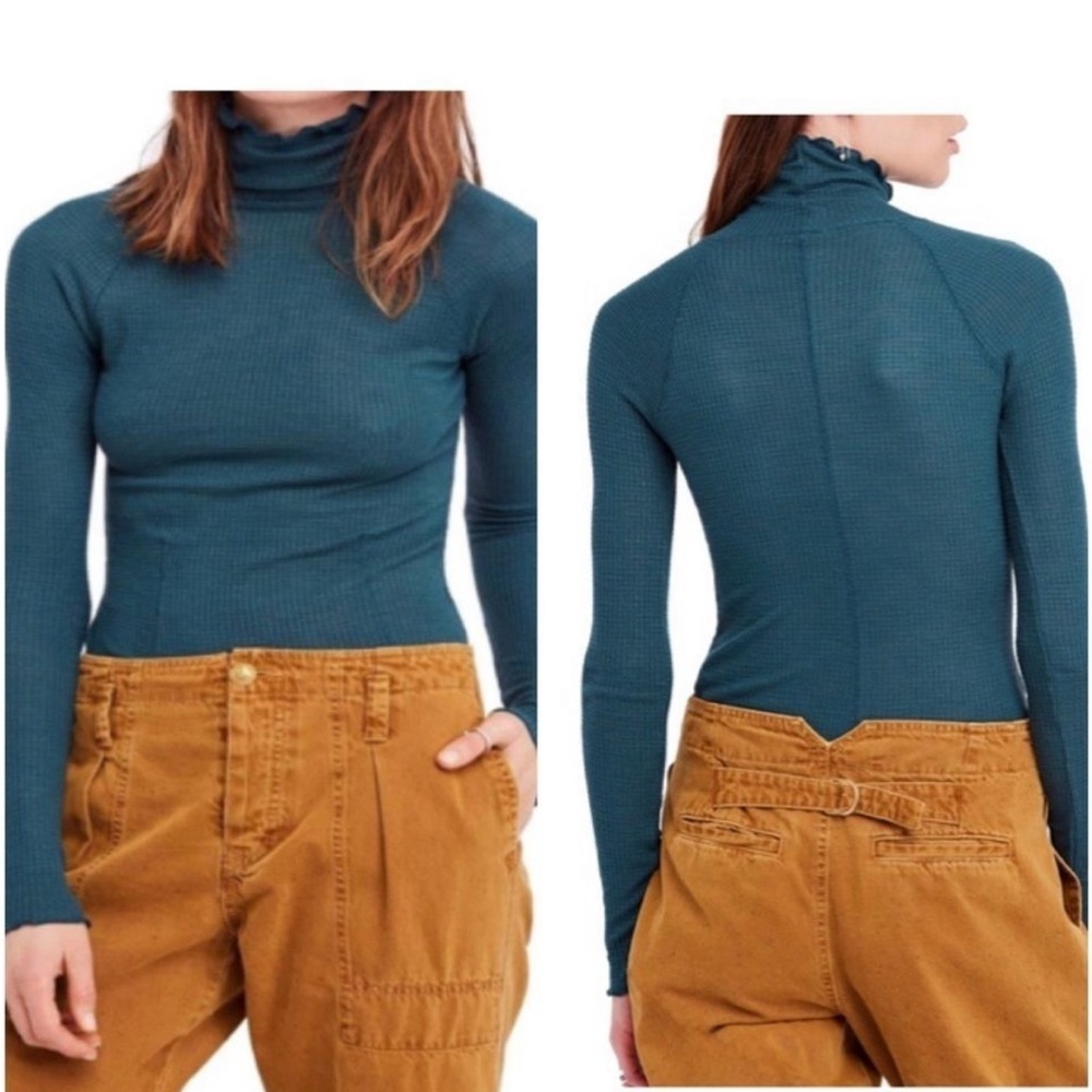 Intimately Free People Make It Easy Waffle Knit Lettuce‎ Hem Thermal Top Teal S